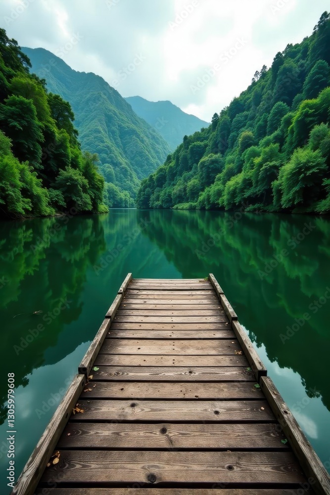 Old weathered dock on still lake, lush green forest surrounds, quiet, forest, escape Old weathered dock on still lake, lush green forest surrounds, quiet, forest, escape
