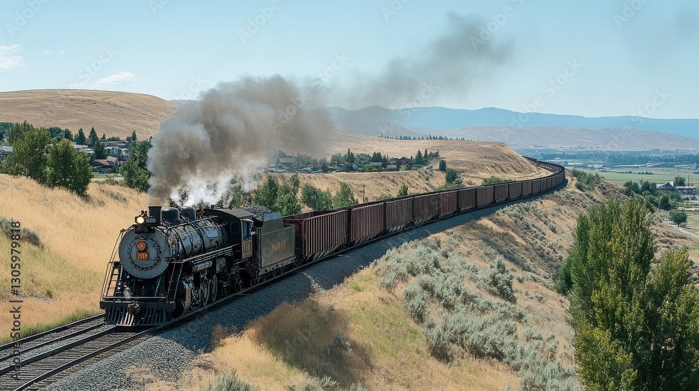 Obraz premium Vintage Steam-Powered Freight Train Intersecting Old Technology with Modern Logistics Infrastructure in a Scenic Landscape of Rolling Hills and Clear Skies