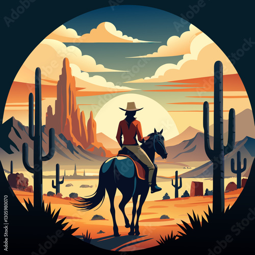 A cowgirl on horseback in the western landscape when the setting sun