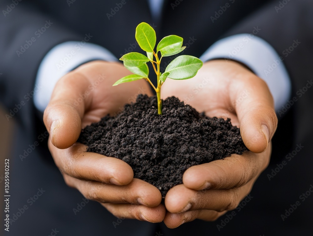 Businessman Holding Small Plant in Hands with Rich Soil Background Businessman Holding Small Plant in Hands with Rich Soil Background