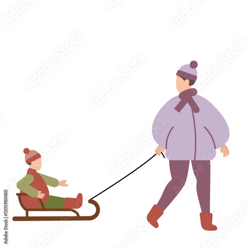 Woman pulling sled with sitting child in winter