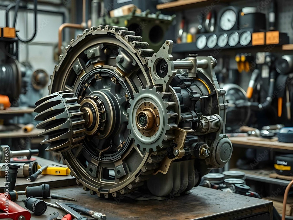 Fototapeta premium In a workshop, a gear-driven engine showcases precision engineering. Tools, metal parts, and transmission highlight craftsmanship