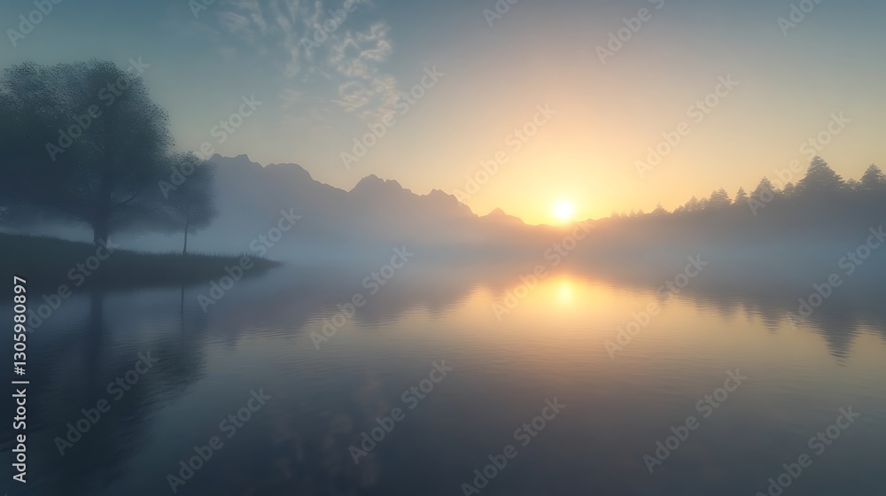 Fototapeta premium A serene morning scene by a lake with calm water reflecting the surroundings, perfect for relaxation and tranquility.