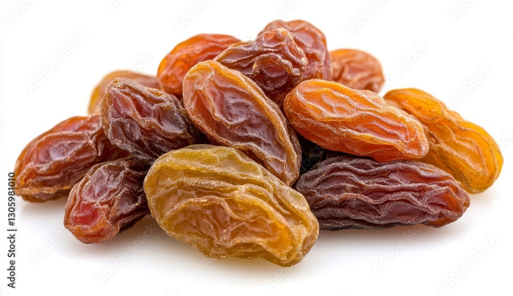 Closeup of a Pile of Brown and Golden Raisins on White Background