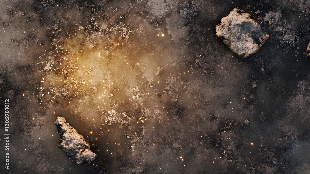 Golden Celestial Dust Background with Rocks, Abstract Space Texture Golden Celestial Dust Background with Rocks, Abstract Space Texture