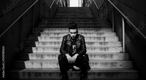 Loneliness on the Steps: A solitary figure, cloaked in somber attire, sits dejectedly on a stark staircase, bathed in the grayscale shadows of urban isolation.