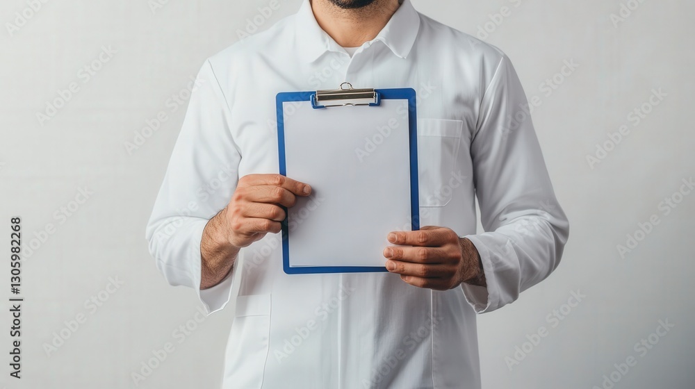 Professional Man in White Coat Holding Blank Clipboard for Notes Professional Man in White Coat Holding Blank Clipboard for Notes