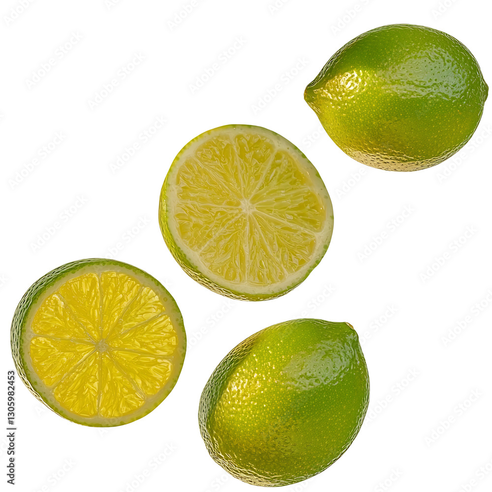 fresh limes on white background, whole and halved fresh limes on white background, whole and halved