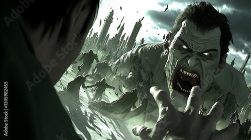 Intense Green Creature Emerging from Ruined Cityscape Background