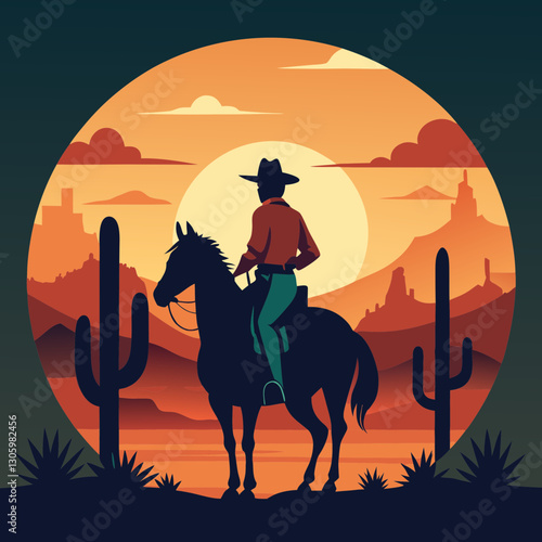 A cowgirl on horseback in the western landscape when the setting sun