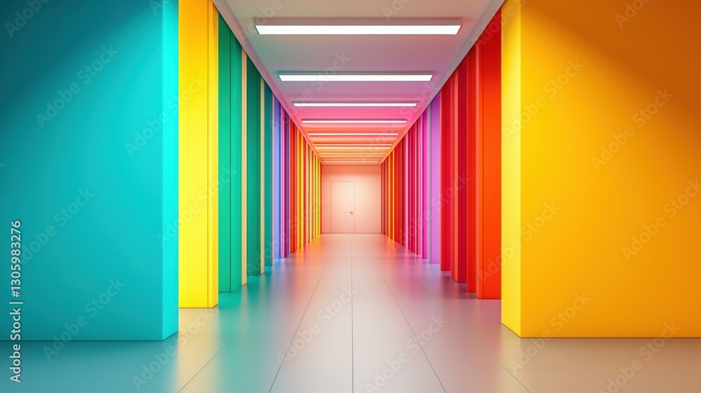 Fototapeta premium Colorful corridor with vibrant walls and bright lighting. Modern architecture with a playful design.