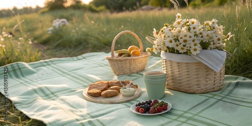 Serene Summer Picnic:  A delightful spread awaits amidst blooming daisies and golden sunlight. Enjoy the simple pleasures! photo