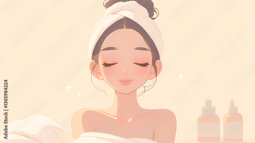 Serene woman enjoying a spa treatment with glowing skin and beauty products in a calming setting Serene woman enjoying a spa treatment with glowing skin and beauty products in a calming setting