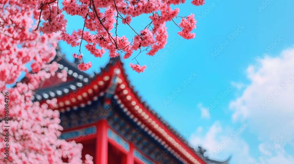 Beautiful cherry blossoms in full bloom against a traditional Chinese building and blue sky. Springtime in Asia. Beautiful cherry blossoms in full bloom against a traditional Chinese building and blue sky. Springtime in Asia.