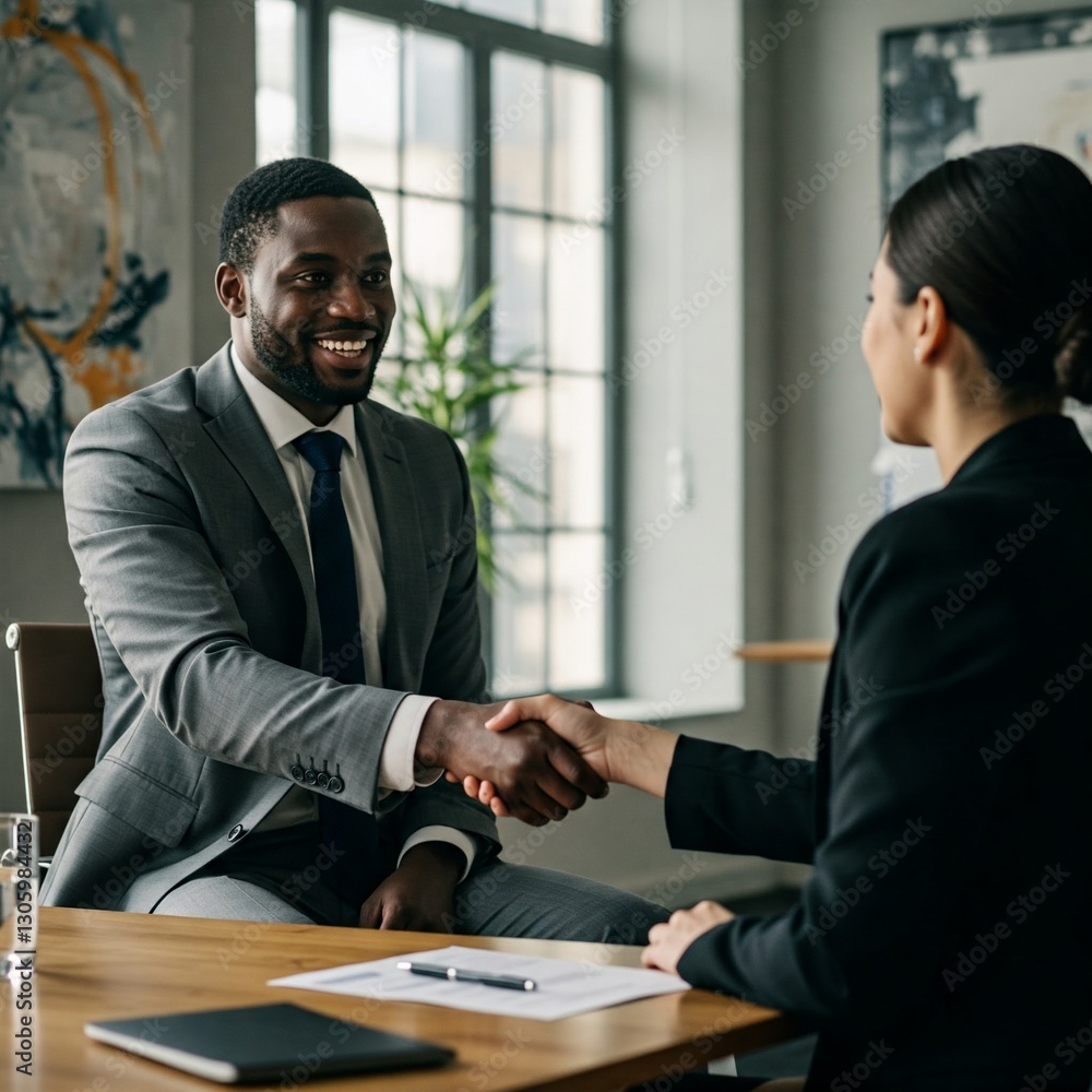 smiling businessman shaking hands with a businesswoman at a meeting in an office smiling businessman shaking hands with a businesswoman at a meeting in an office