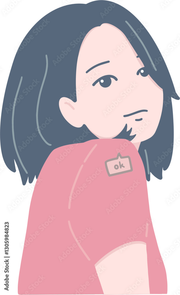 Drawing of a smiling young woman with short dark blue hair wearing pink shirt, human feelings concept Drawing of a smiling young woman with short dark blue hair wearing pink shirt, human feelings concept