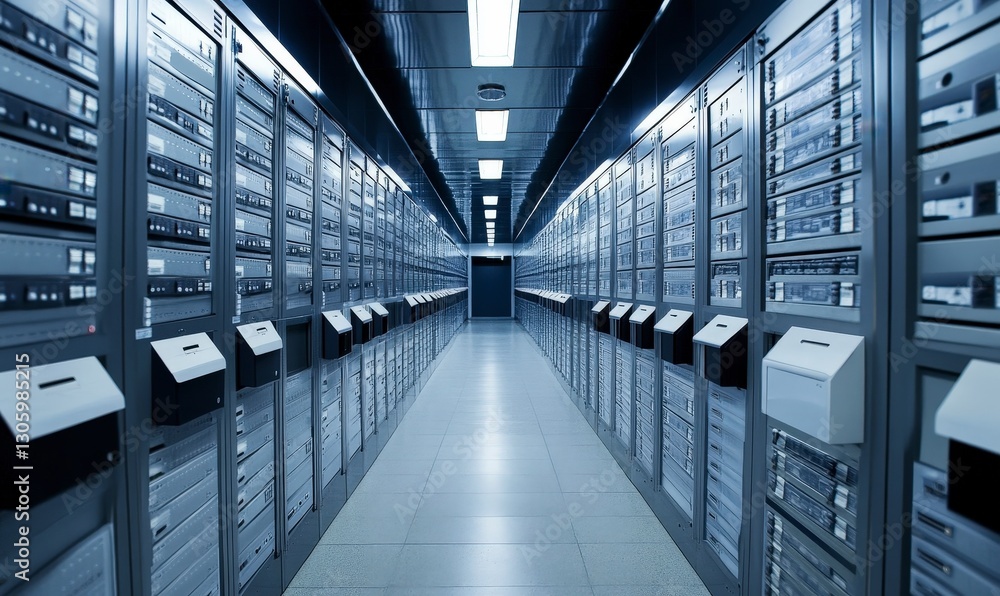 Modern Data Center Interior with Rows of Server Racks and Cabinets Modern Data Center Interior with Rows of Server Racks and Cabinets