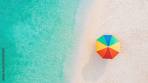 Aerial view of a colorful umbrella on a white sand beach with turquoise water. Summer vacation concept.