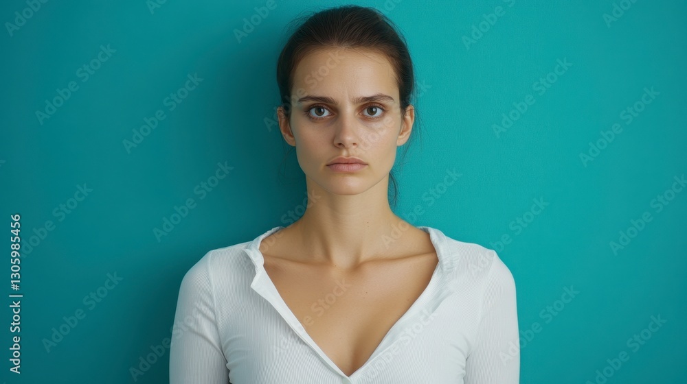 Fototapeta premium Serious Young Woman in White Shirt Against Teal Background