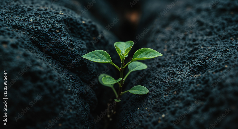 Naklejka premium Resilient Green Plant Growing In Crevice Of Dark Porous Rock