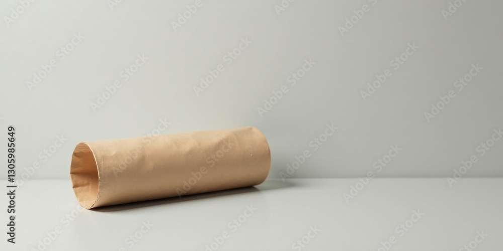 Fototapeta premium A rolled-up tube of light brown paper rests on a minimalist white surface against a neutral backdrop