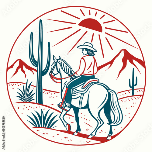 A cowgirl on horseback in the western landscape when the setting sun