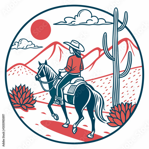 A cowgirl on horseback in the western landscape when the setting sun