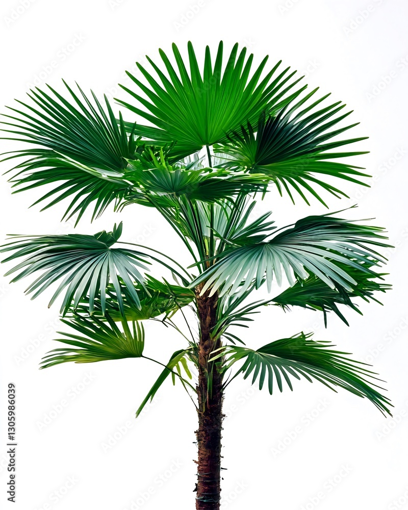 Fototapeta premium Lush green palm tree isolated on white background; ideal for tropical designs