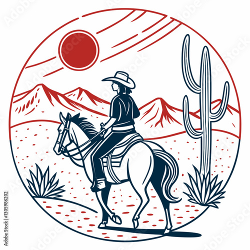 A cowgirl on horseback in the western landscape when the setting sun