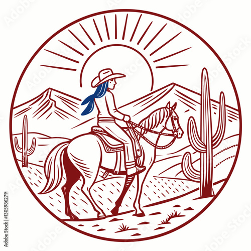 A cowgirl on horseback in the western landscape when the setting sun