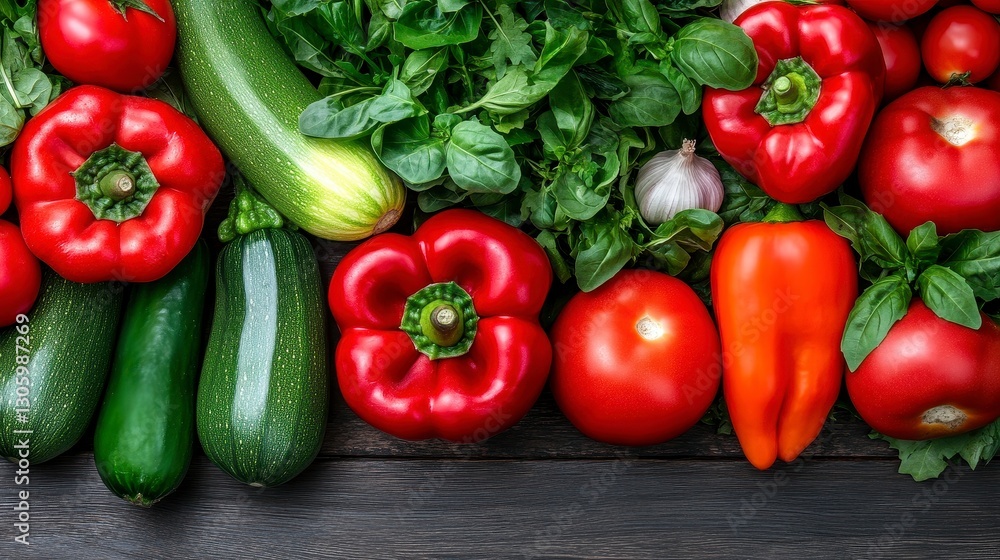 Vibrant Red and Green Vegetables on Rustic Wood Vibrant Red and Green Vegetables on Rustic Wood