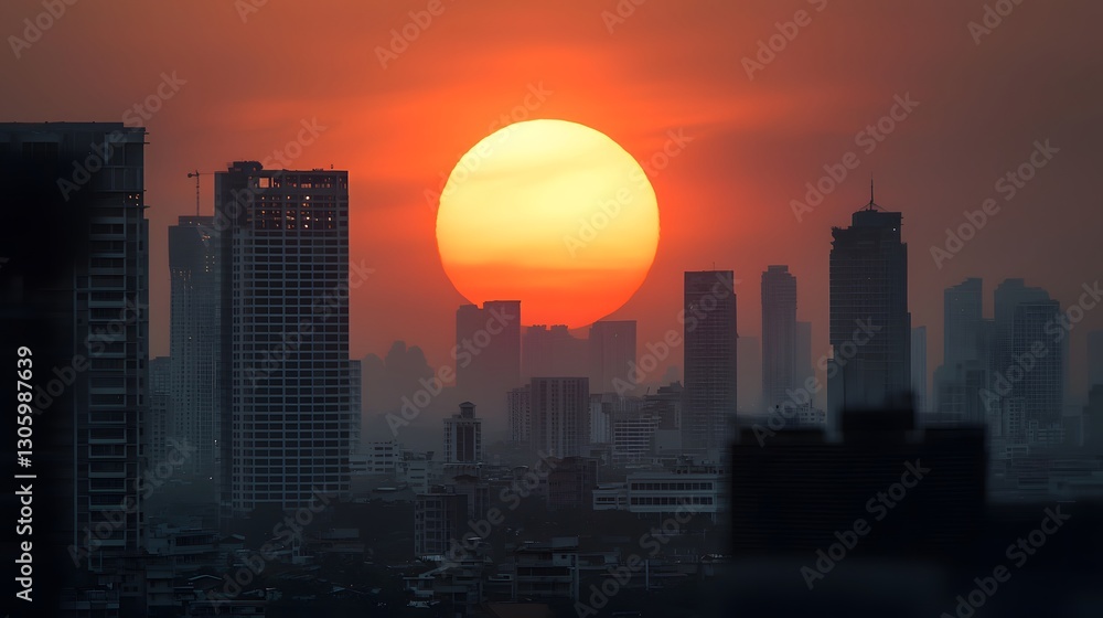 Fototapeta premium Cityscape at Sunset Under Heavy Pollution with Orange Glow Illuminating Urban Skyline