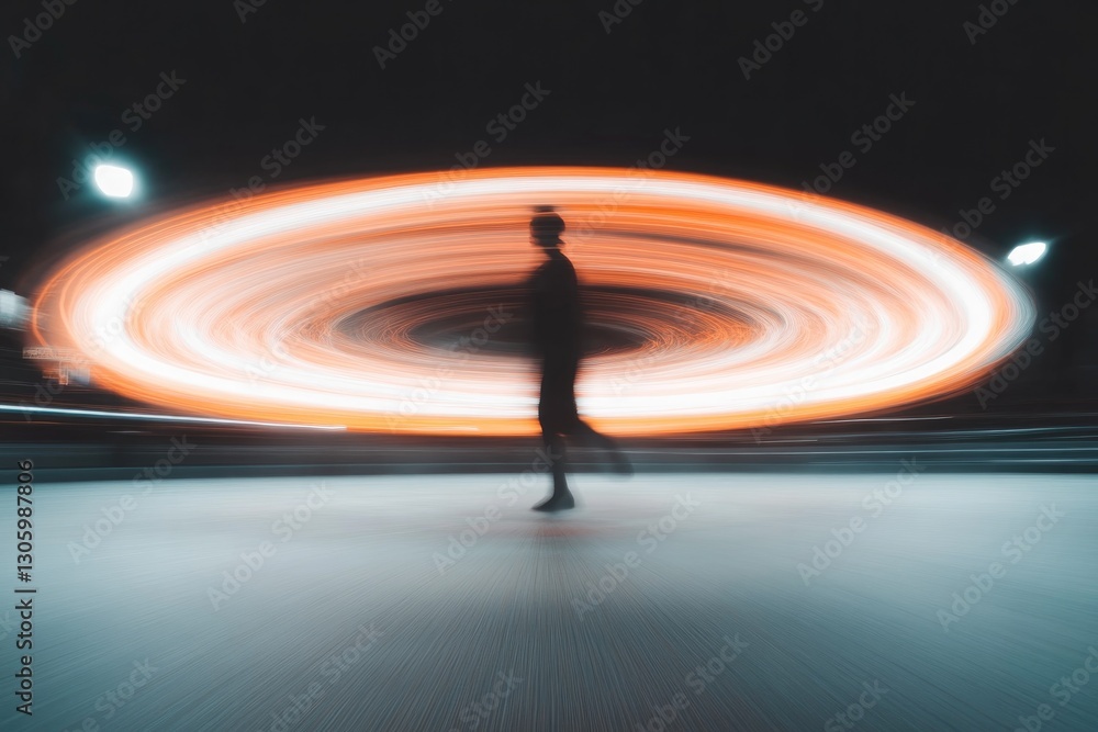 Fototapeta premium creative motion blur effect capturing dancer spinning under streetlights leaving neon trail that represents movement