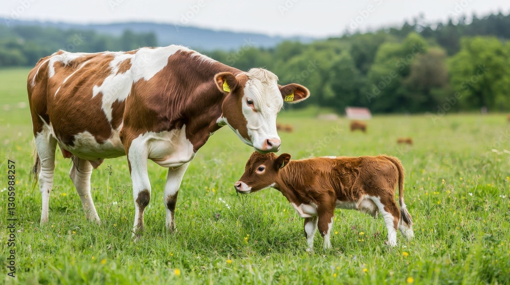 Cow and calf in a green field. Concept of farm animals, livestock, and agriculture. Cow and calf in a green field. Concept of farm animals, livestock, and agriculture.
