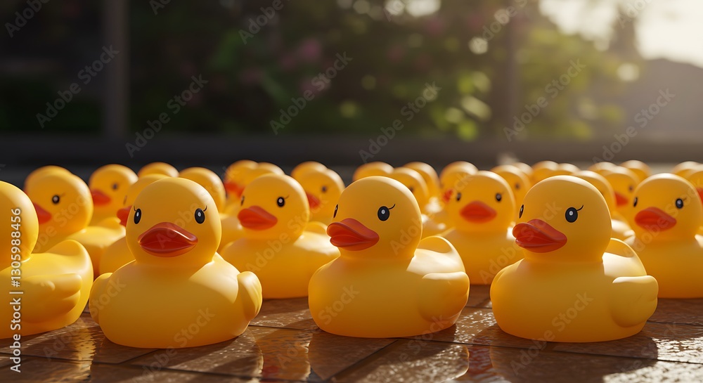 Illustration of Yellow Rubber Ducks - Uniformity and Playfulness - Perfect for children's illustrations Illustration of Yellow Rubber Ducks - Uniformity and Playfulness - Perfect for children's illustrations