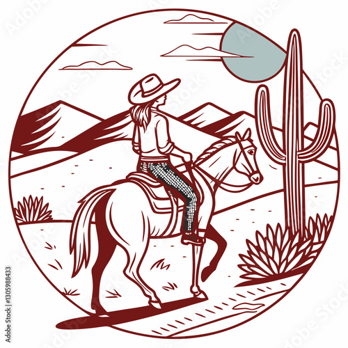 A cowgirl on horseback in the western landscape when the setting sun