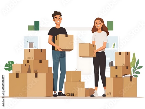 Couple Moving Boxes Office Interior