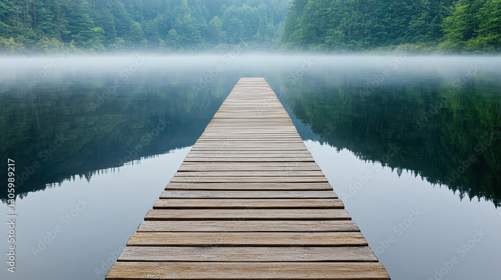 Fototapeta premium serene wooden dock extending into foggy lake, surrounded by lush trees