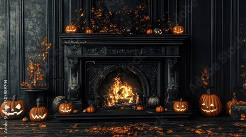 Spooky Halloween Fireplace Scene with Jack o  lanterns