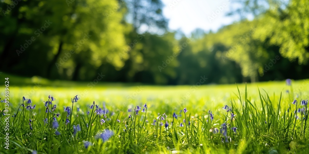 Fototapeta premium A picturesque view of a lush green meadow adorned with delicate blue flowers, creating a serene atmosphere perfect for nature lovers and outdoor enthusiasts.
