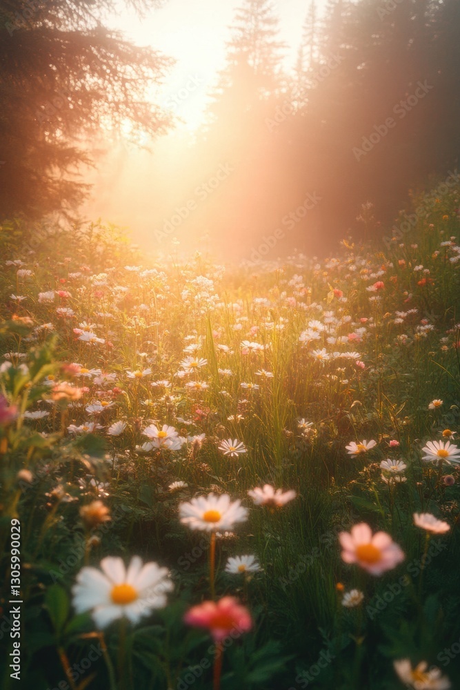 Obraz premium Beautiful colorful wild flowers in deep foggy forest with sun light in Spring.