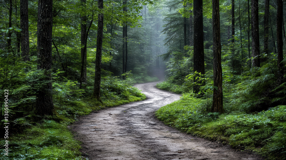 Fototapeta premium mist covered forest path surrounded by lush greenery evokes tranquility