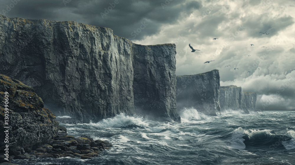 Dramatic Coastal Cliffs Under Stormy Skies Dramatic Coastal Cliffs Under Stormy Skies