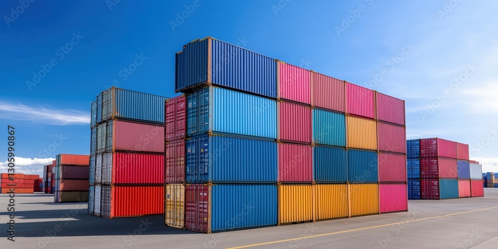 Fototapeta premium A vibrant display of stacked cargo containers against a bright blue sky, showcasing their colorful surfaces and textures in a shipping yard context for trade and logistics.