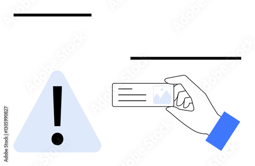 Exclamation mark in triangle near hand holding ID card highlights security alert. Ideal for safety, warning, authentication, identity verification, fraud prevention, cybersecurity, flat simple