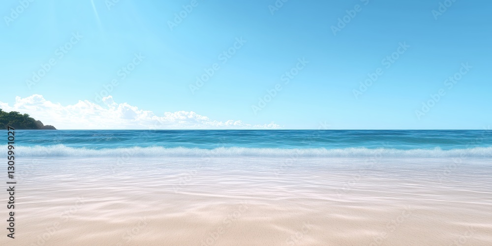 Fototapeta premium A tranquil beach scene merges pristine white sand and calming blue waters, under a bright sky with soft clouds, representing the essence of relaxation and escape.