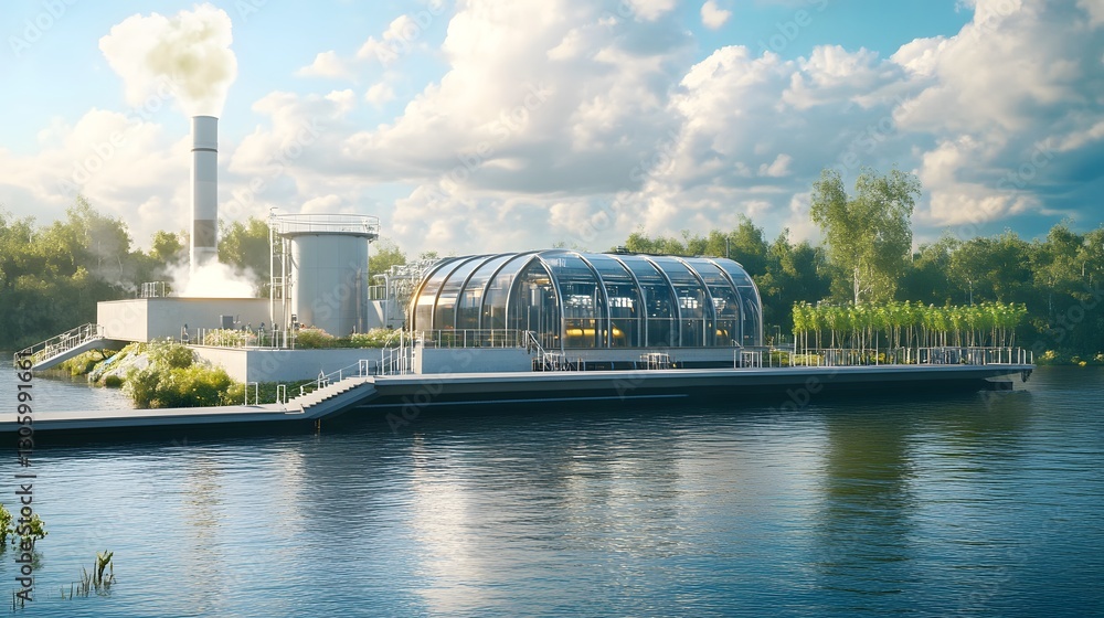 Fototapeta premium A large building with a glass roof sits on a dock next to a body of water. The building appears to be a greenhouse or a similar structure. The water is calm and the sky is cloudy