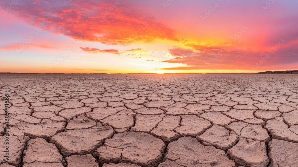 Dry cracked land with a colorful sunset. Concept of drought, climate change, and desertification. Dry cracked land with a colorful sunset. Concept of drought, climate change, and desertification.