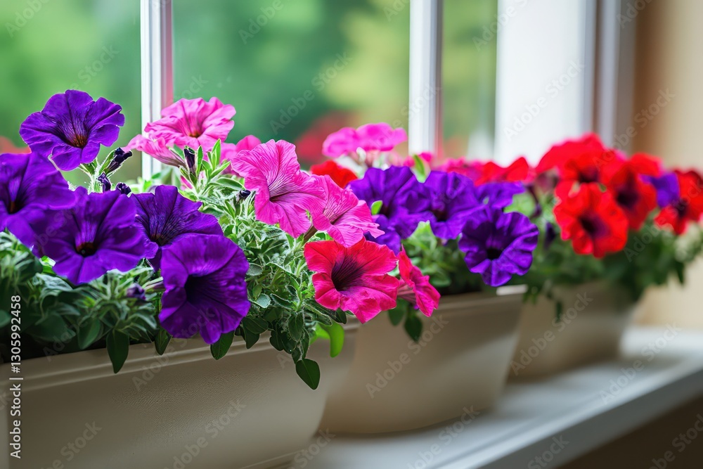 Fototapeta premium An arrangement of potted red and purple petunias, displayed on a windowsill or balcony, creating a fresh and colorful atmosphere.