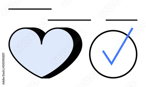 Heart outline filled with blue and a circle containing a blue check mark. Ideal for themes of love, acceptance, success, agreement, approval, positivity, and completion. Flat simple metaphor